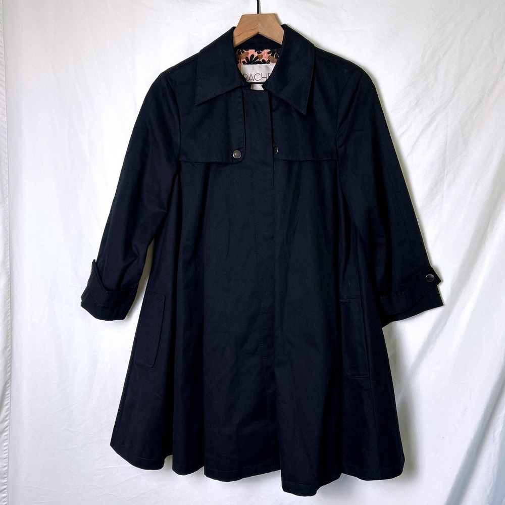 Rachel Rachel Roy Women Pleated Back Swing Trench Coat Size M Black Twee Classic